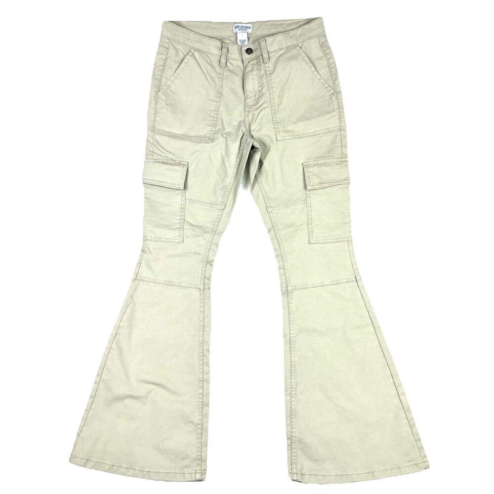 Arizona Trouser Cargo Pants Womens SZ 7 Lt Beige Flare Leg Flap Pockets Utility